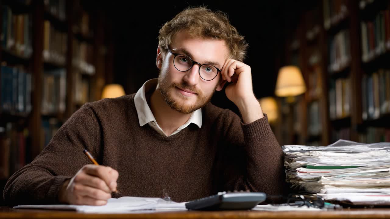 A Young Scholar Deep in Thought While Preparing for Studies in a Cozy Library Filled with Books and Papers