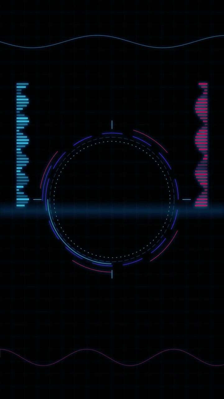 Interfaccia HUD digitale futuristica con scanner circolare e visualizzatori audio