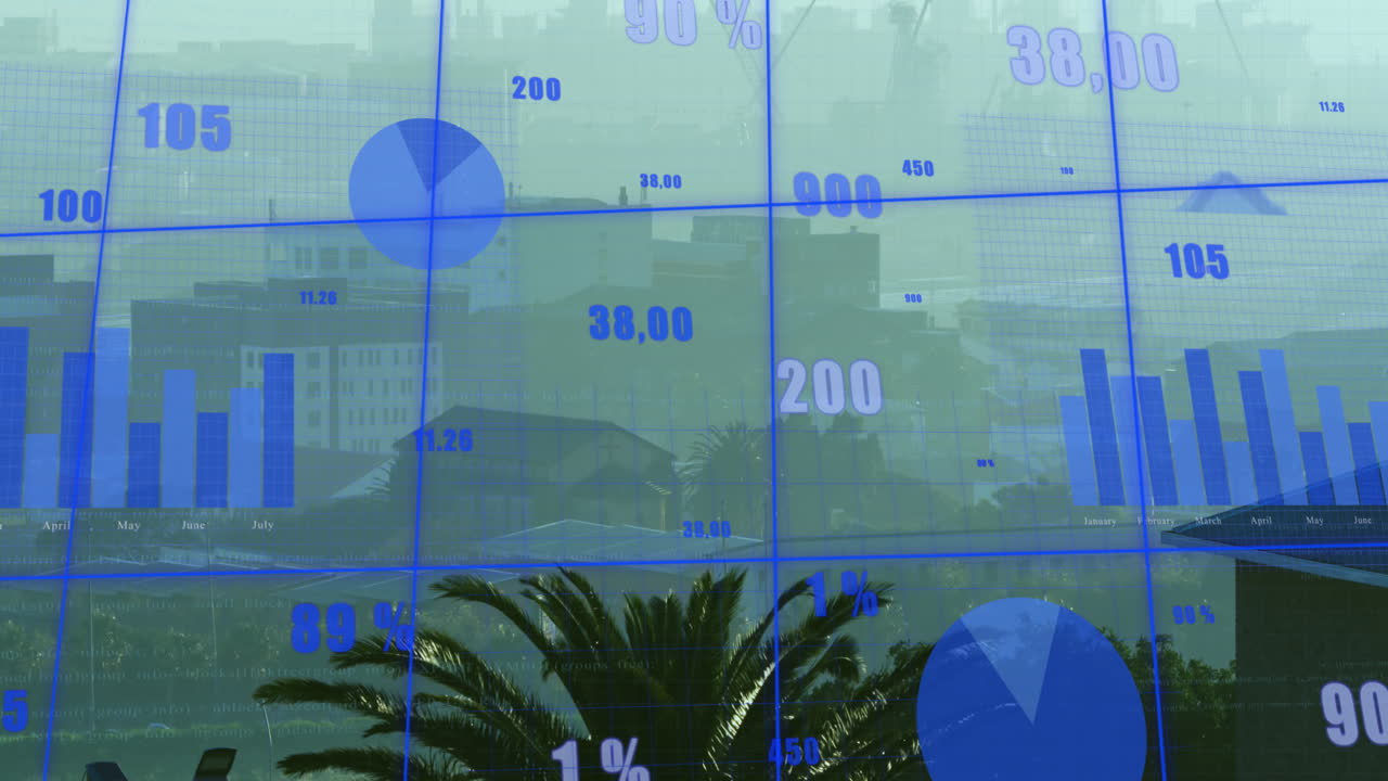 animación del procesamiento de datos estadísticos a través de la red de cuadrícula frente a una vista aérea del paisaje urbano