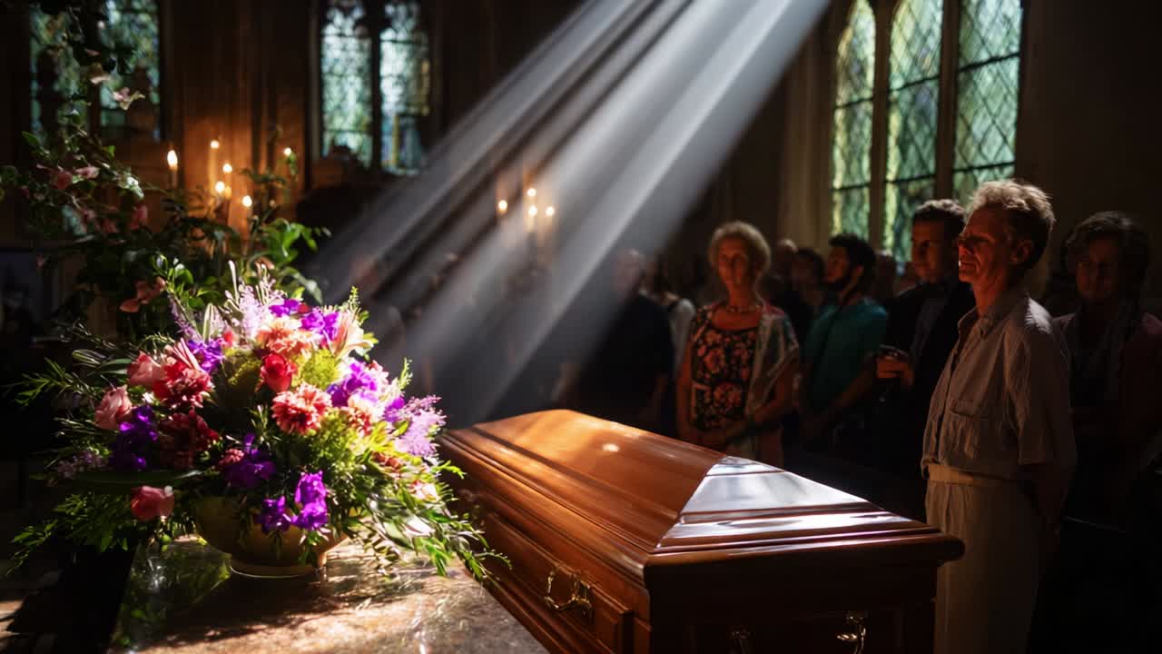 Una scena solenne che raffigura una splendida composizione di fiori di fronte a una bara, illuminata da raggi di luce intensi che filtrano attraverso le vetrate durante una commemorazione, evocando emozioni profonde