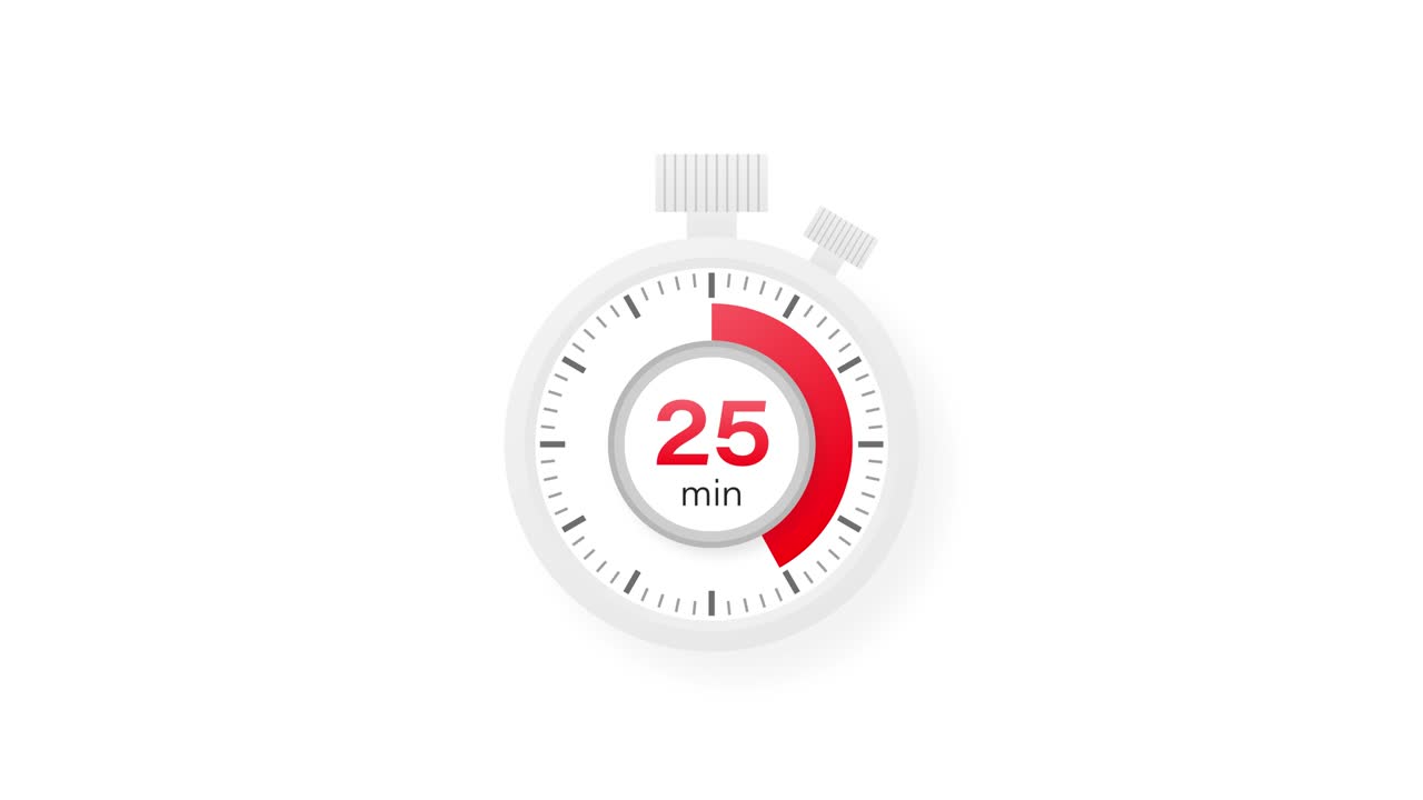 The 25 minutes timer. Stopwatch icon in flat style. Motion graphics.