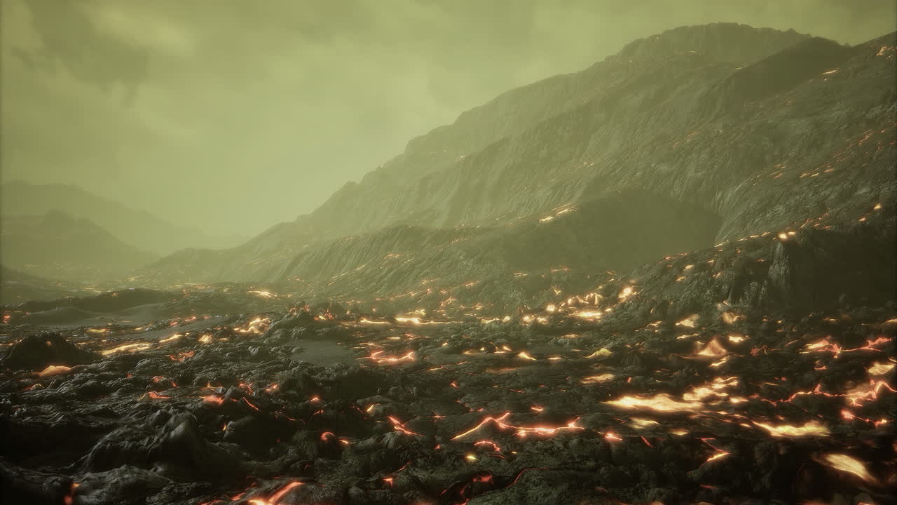 Lava flows illuminate a surreal volcanic landscape under an eerie sky