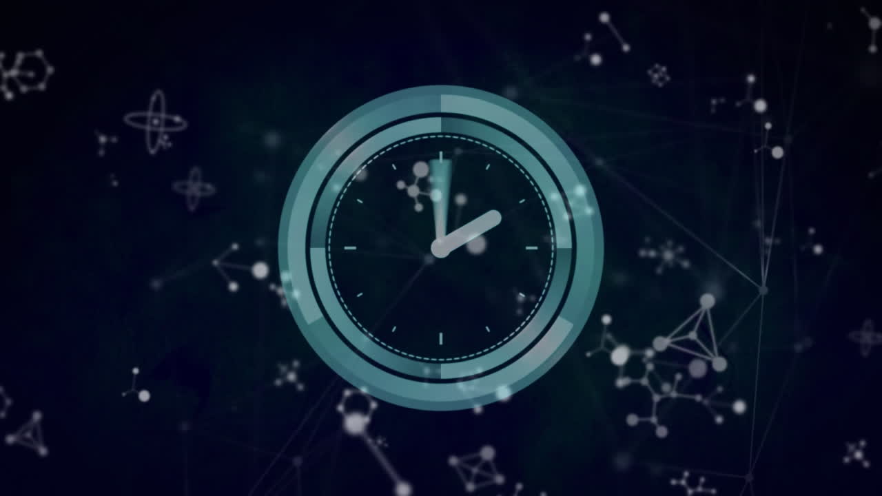 Animation of molecular structures over ticking clock and network of connections on black background