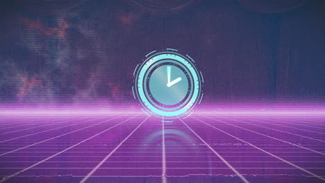 animation of clock moving over neon lines on black background