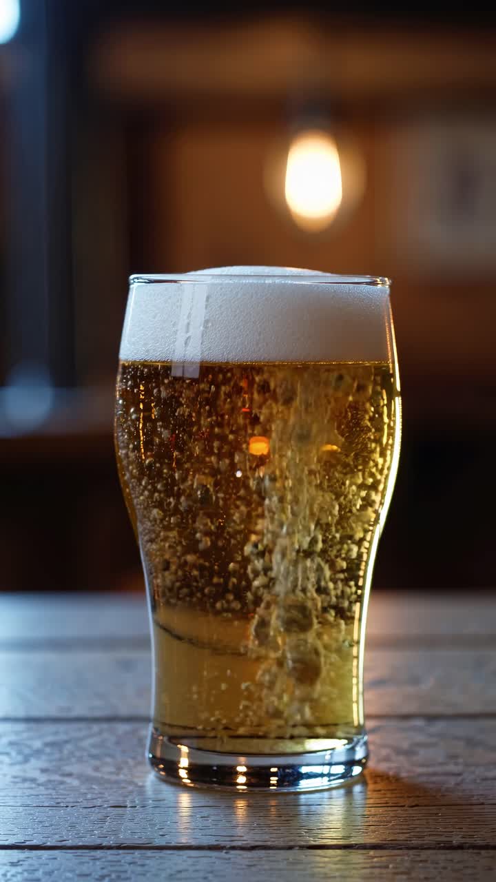 Vídeo en primer plano de una pinta de cerveza sobre una mesa de madera, con una luz cálida y desenfocada de fondo
