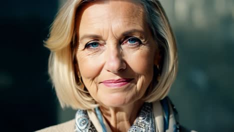 portrait of a smiling senior woman with blonde hair and blue eyes