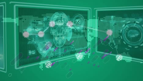 Animation-of-purple-shapes-over-screens-with-scientific-data-on-green-background