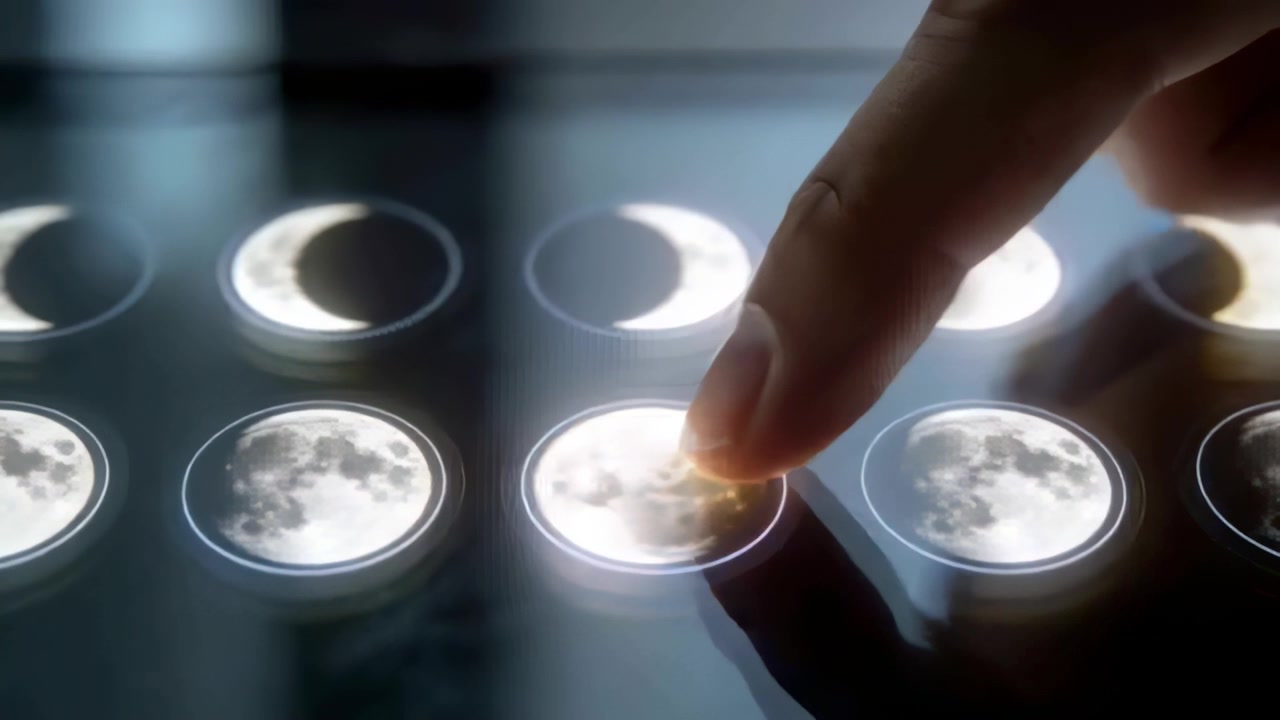 Approaching right fingertip pressing near-full moon icon on touch panel 3x3 grid, selecting phases
