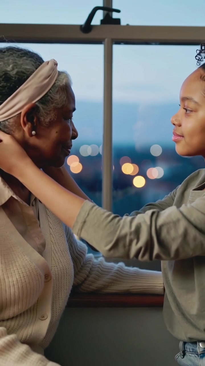 Vertical video: Raising arms girl adjusting headband on grandma in cardigan by window, helping her