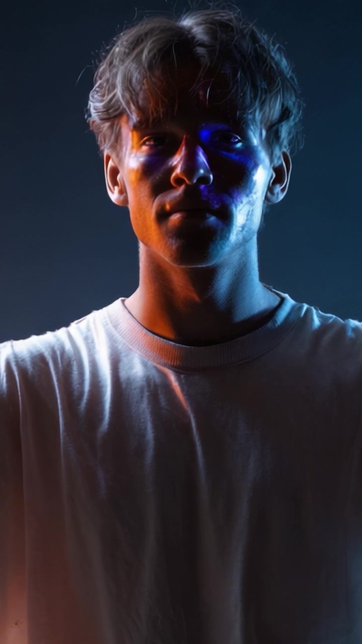 Volto di giovane uomo illuminato da luci al neon colorate.