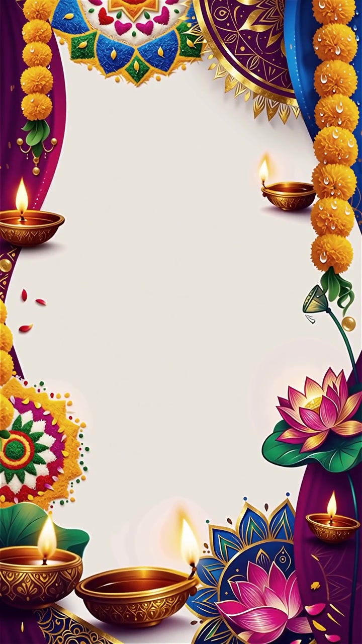 Sfondo Diwali con Diyas luminosi, Rangoli e fiori di loto