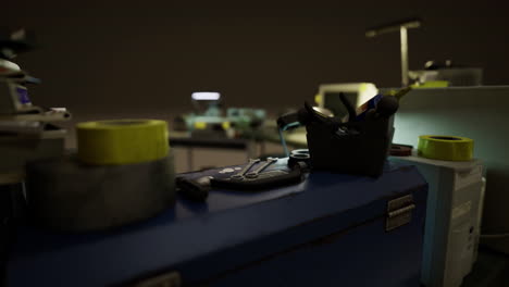 nighttime tools and equipment set on a workbench in the workshop