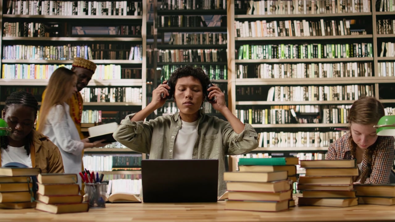 Studente asiatico che usa le cuffie e prende appunti con un portatile e un libro aperto.
