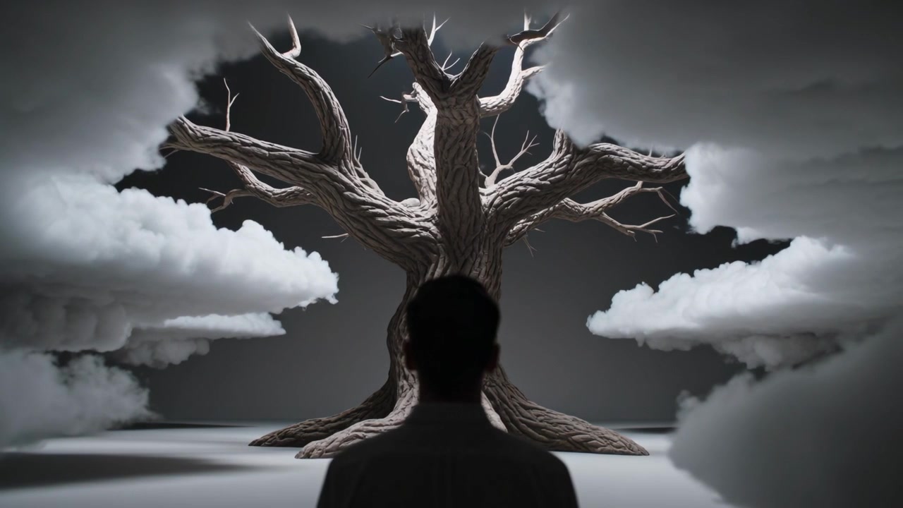 Scenografie a forma di nuvole che si spostano rivelando un albero spoglio sul palco, una silhouette che osserva in cappotto scuro sotto la luce