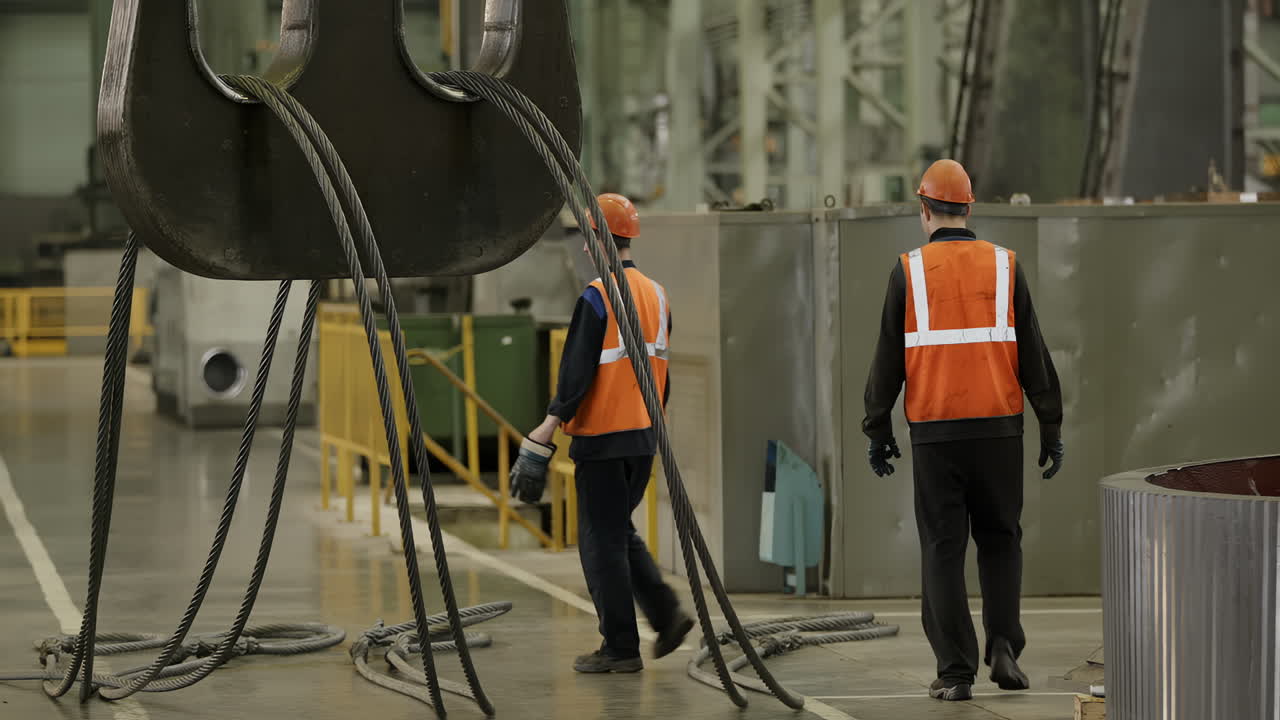 фабричные работники и тяжелое подъемное оборудование