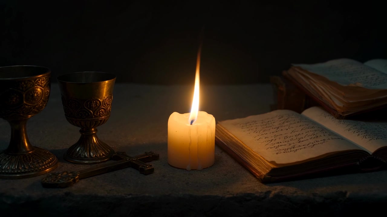 Flickering lit pillar candle leaning from slight drafts on altar, lighting chalices and open book