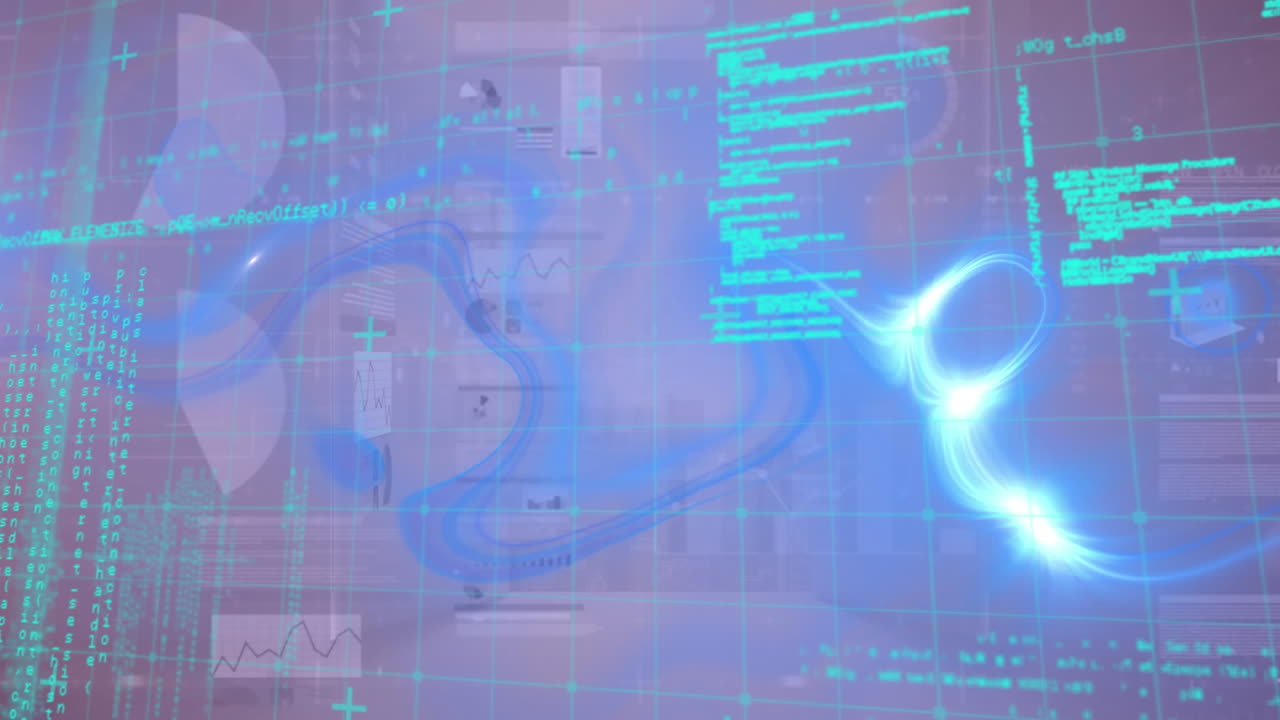 Animation of computer language, illuminated abstract pattern against multiple graphs in background