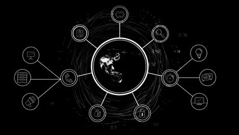 iconos interconectados que representan servicios y tecnologías, animados sobre un fondo oscuro