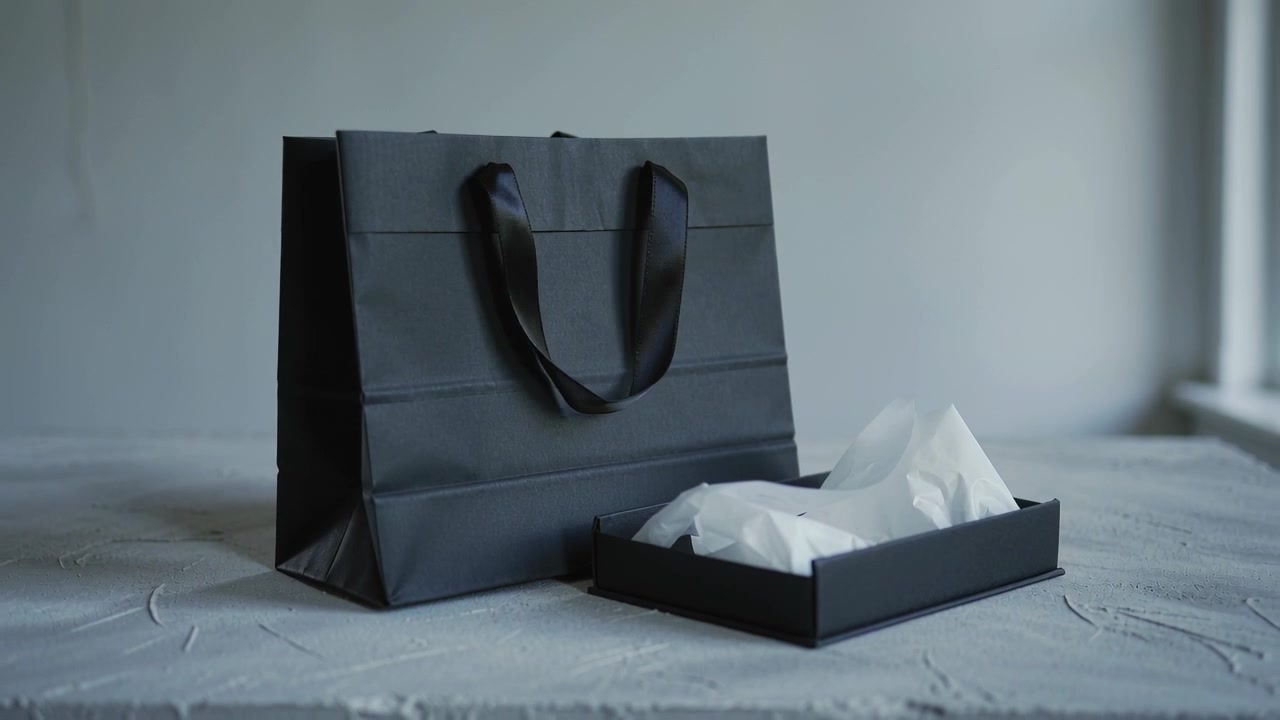 La telecamera si allontana rivelando una borsa regalo nera opaca e un vassoio su un tavolo grigio, con la carta velina che si assesta