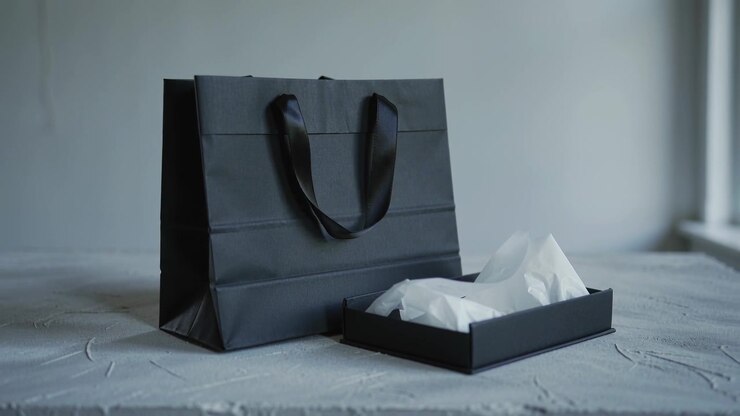 La telecamera si allontana rivelando una borsa regalo nera opaca e un vassoio su un tavolo grigio, con la carta velina che si assesta