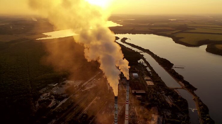 Smoking factory pipes at sunset. White smoke pours out of factory chimney in the air on the river background. Pollution, global warming concept. Aerial view.