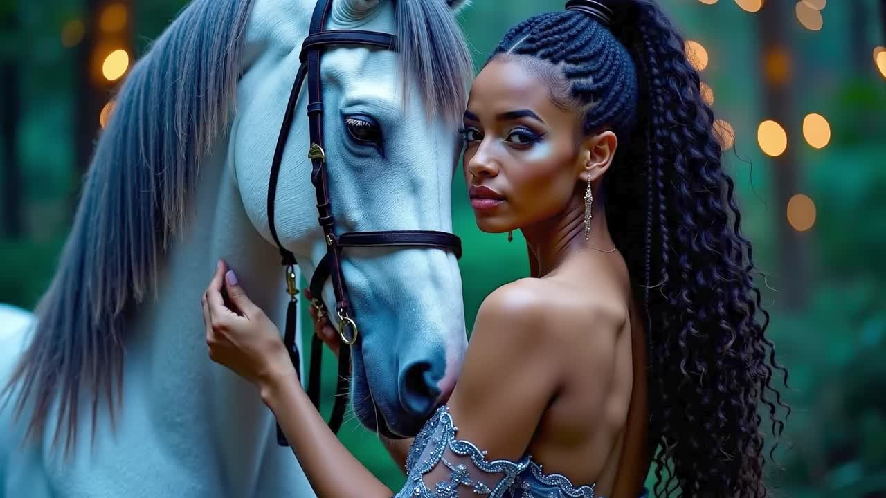 A woman standing next to a white horse in a forest
