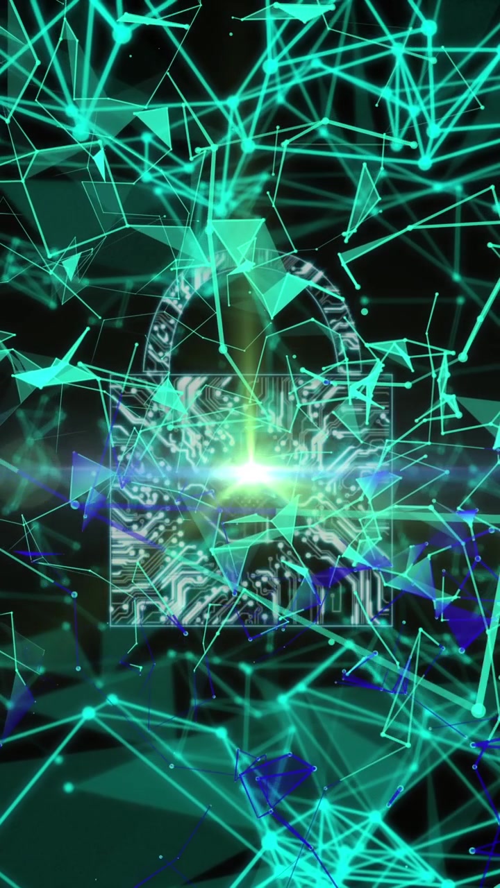 Animation of online security padlock with network of connections in background