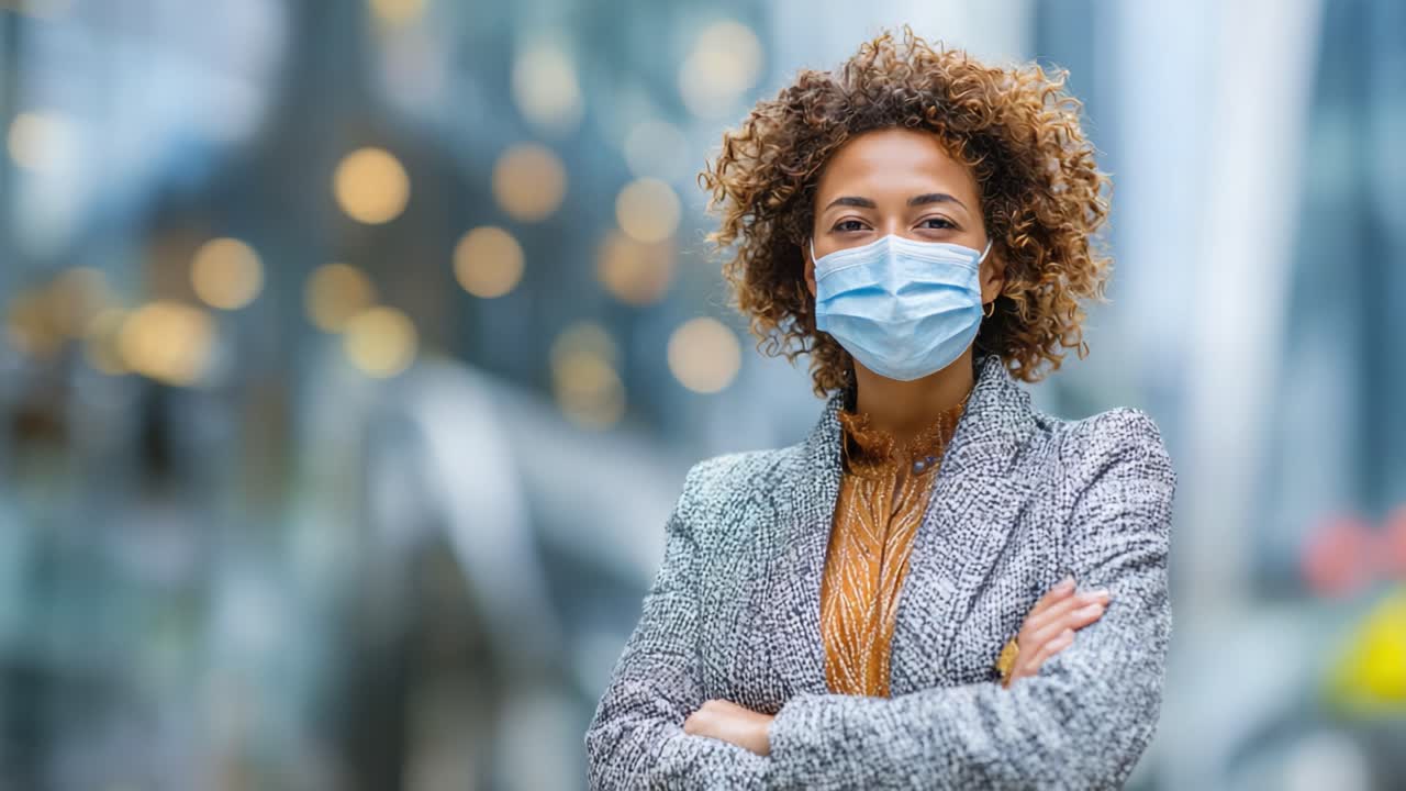Confident Woman in a Mask Standing Outdoors with a Blurred City Background, Exuding Positivity and Resilience in Uncertain Times