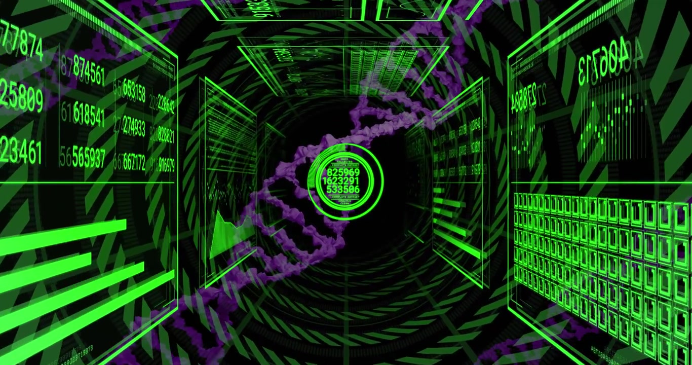 Animation of data processing and dna strand over dark background