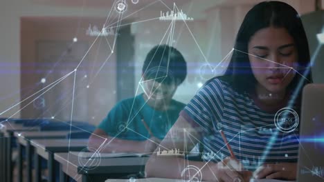 Animation-of-network-of-connections-over-hispanic-girl-learning-with-laptop-at-school