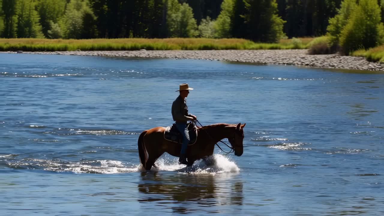 Cowboy Riding Horse Across River