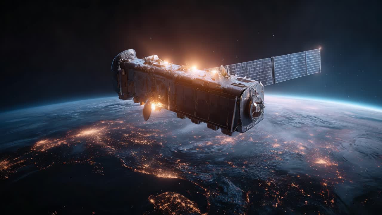 A Stunning Cosmic View of a Satellite Orbiting Earth, Capturing the Glimmering City Lights Below in a Mesmerizing Display of Technology and Nature