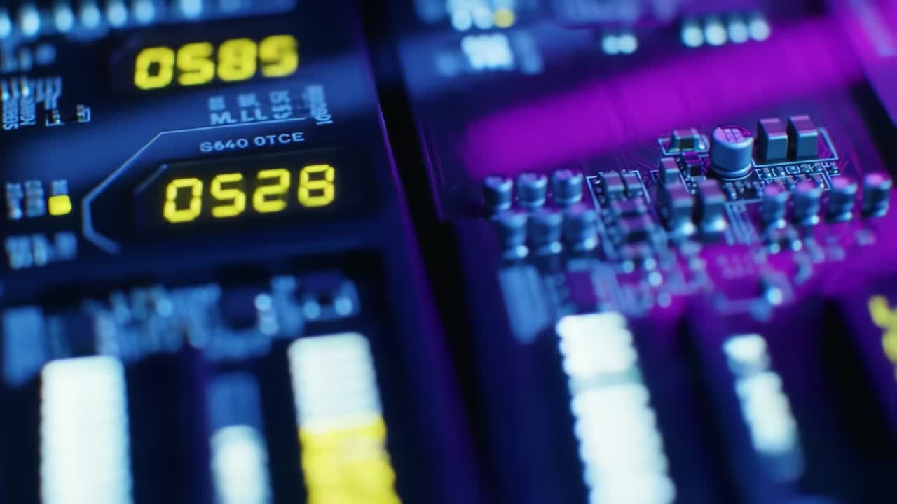 In a vibrant setting, intricate circuit boards glow with digital displays and colorful lights, showcasing modern technology's complexity and innovation, captivating the viewer's attention.