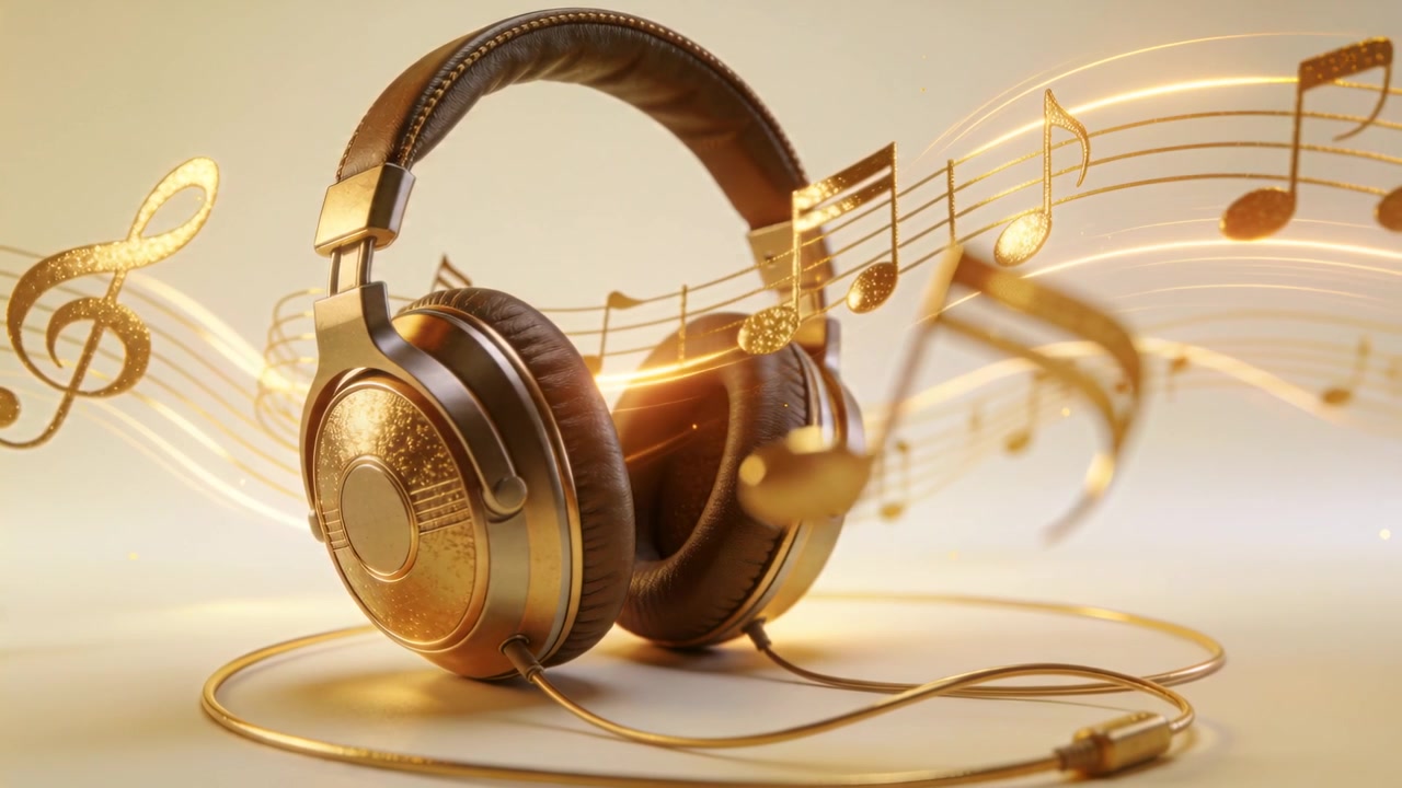 Studio-Einsatz beginnt, goldene Noten ziehen nach rechts, überqueren Kopfhörerkabelstecker und deuten Klang an.
