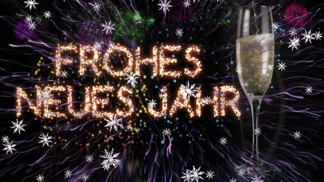 Snowflakes-falling-over-frohes-neues-jahr-text-and-champagne-glass-against-fireworks-exploding