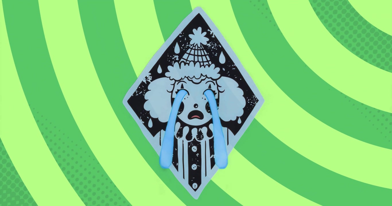 Al terzo secondo, lacrime che iniziano, emblema di un volto a diamante su un vortice verde che scorre, si ferma e si ripete in loop.