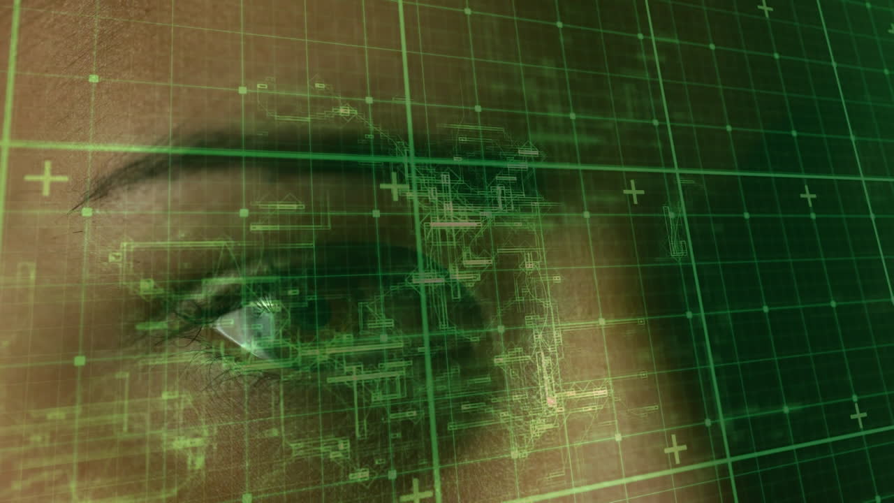 animación del procesamiento de datos sobre el ojo de una mujer caucásica