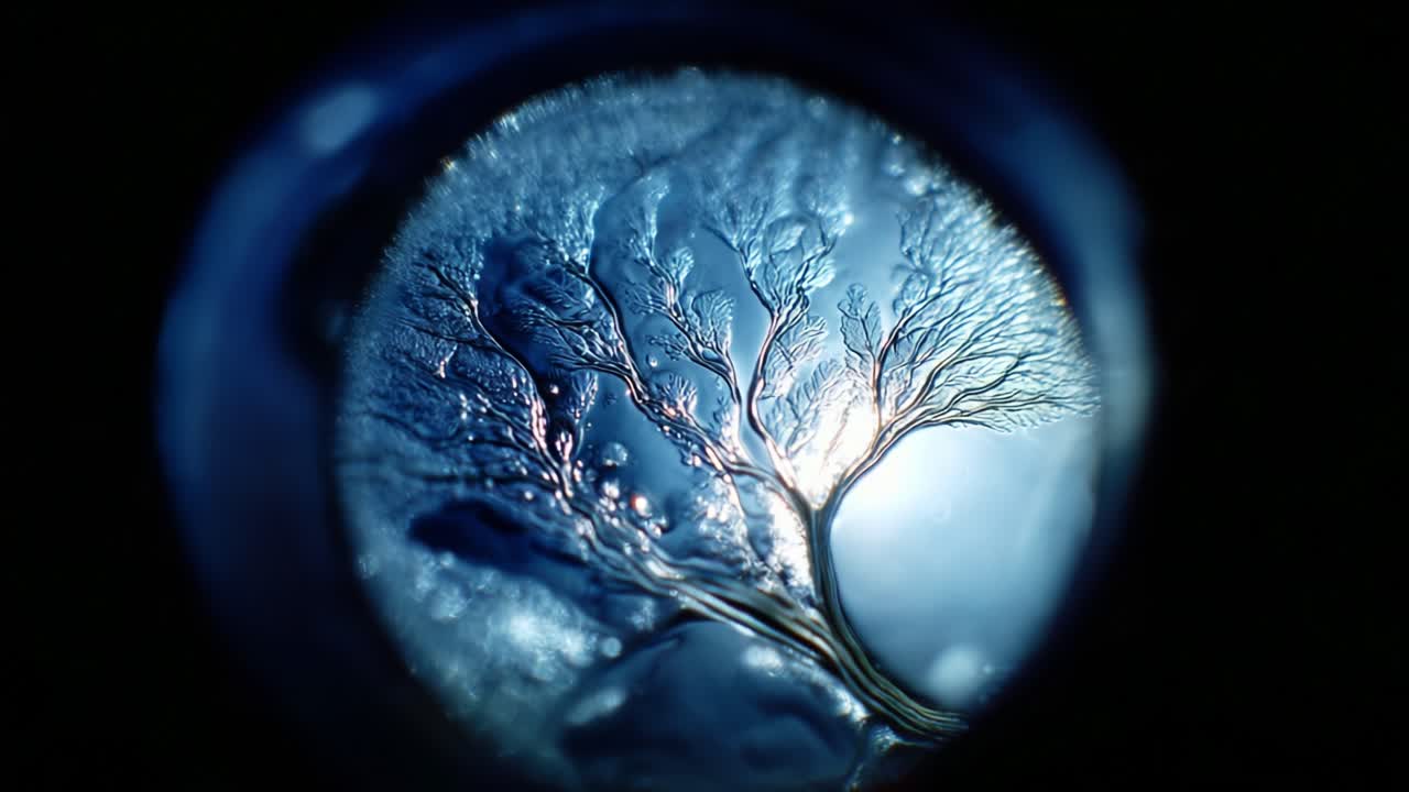 Stunning Close-Up View of Icy Tree-Like Patterns Captured in Blue Ice, Revealing Intricate Details and Natural Beauty in a Unique Perspective Highlighting Nature's Artistry