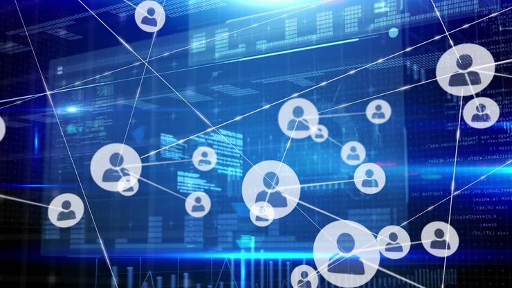 Animation of network of connections with icons on blue background