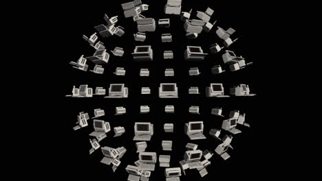 Sphere of Old PC Computers Rotating on Black Background