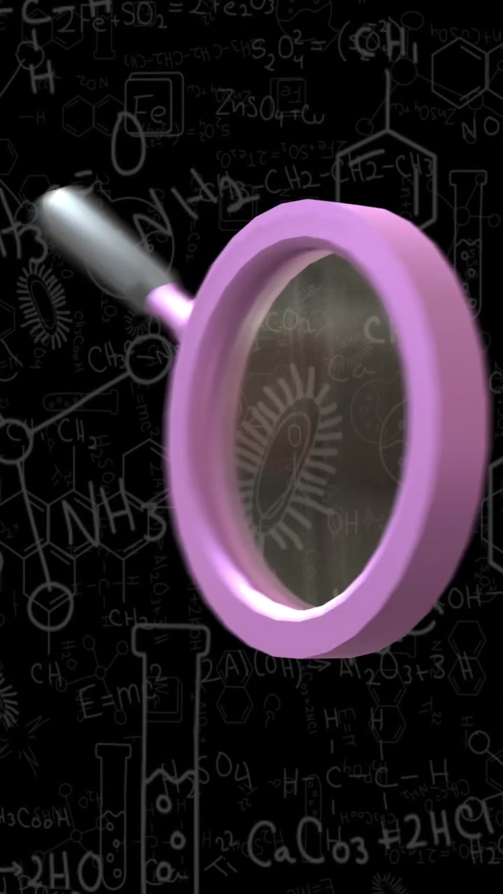 黒い背景の上に、虫眼鏡、数学の方程式、DNA鎖の図のアニメーション