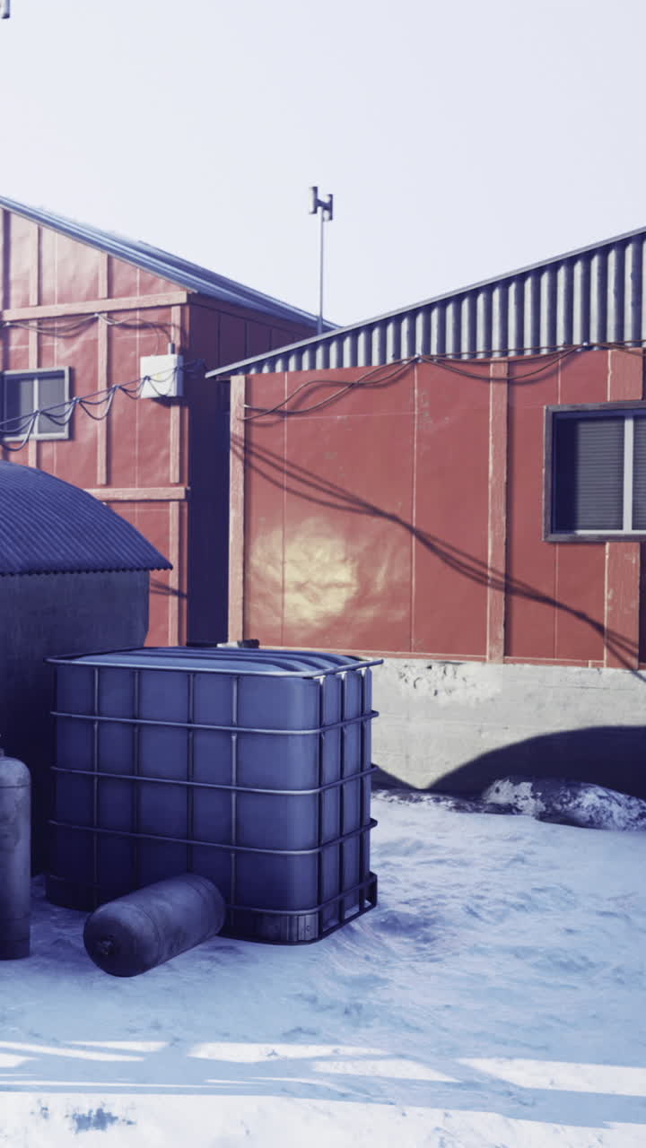 Buildings and storage tank near snowy area in industrial setting during daytime