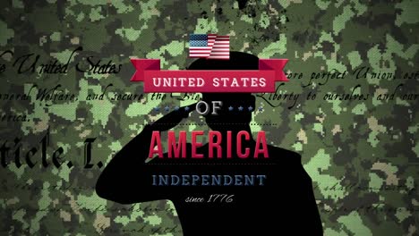 escritura de la constitución estadounidense y texto del día de la independencia sobre la silueta del soldado contra el camuflaje