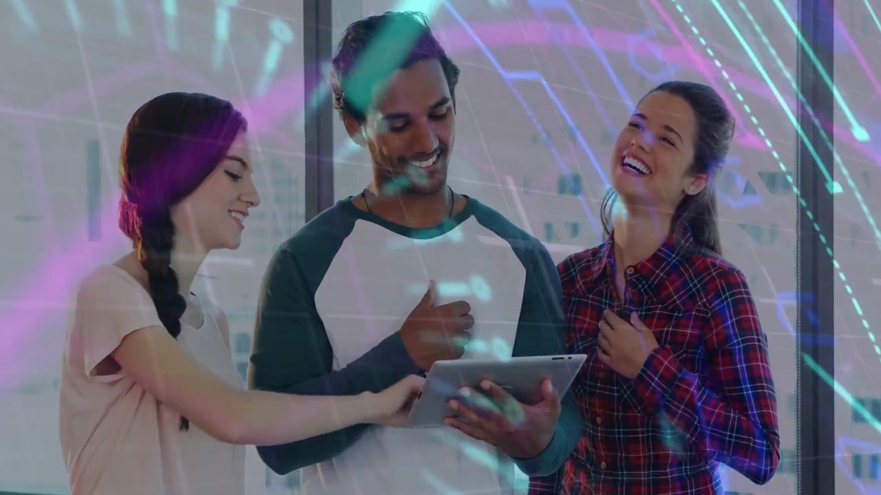 Man between two women holding tablet, swiping and activating neon overlay, team reviewing app demo