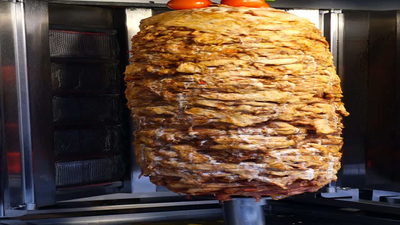 Delizioso shawarma di pollo in rotazione su uno spiedo verticale