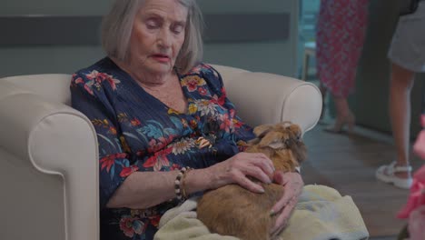 grandmother with pet therapy in french retirement home