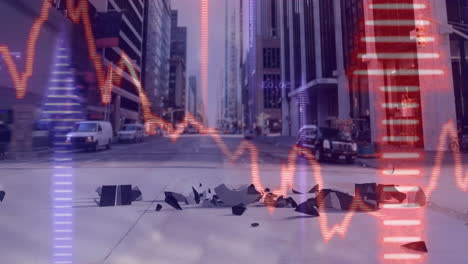 earthquake animation over city street with cracked pavement and buildings
