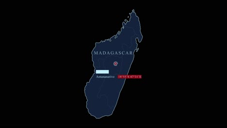 madagascar island blue map with antananarivo capital city and geographic coordinates on black background