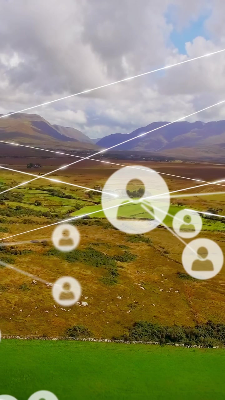 Video verticale: Un singolo avatar che appare, con una sovrapposizione di rete che cresce attraverso la valle, mostrando i collegamenti degli utenti.