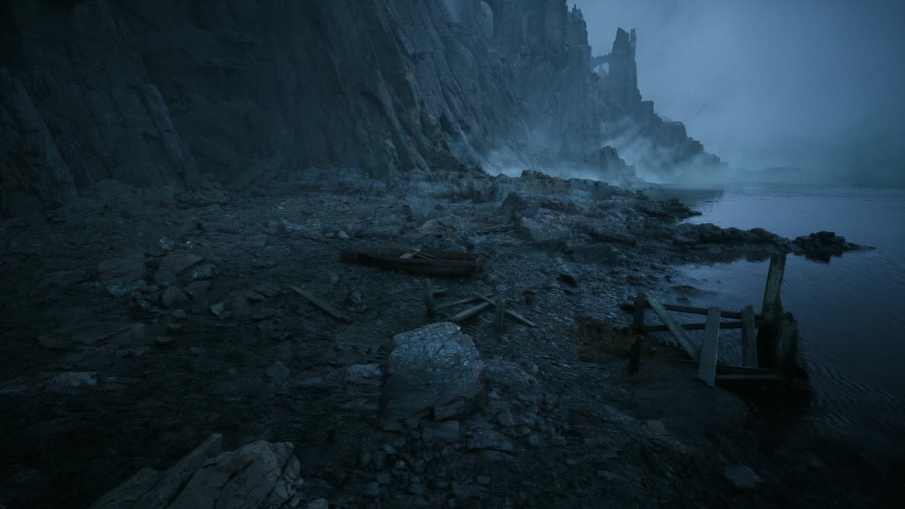 Foggy dawn shoreline with rocky cliffs creates an eerie vibe